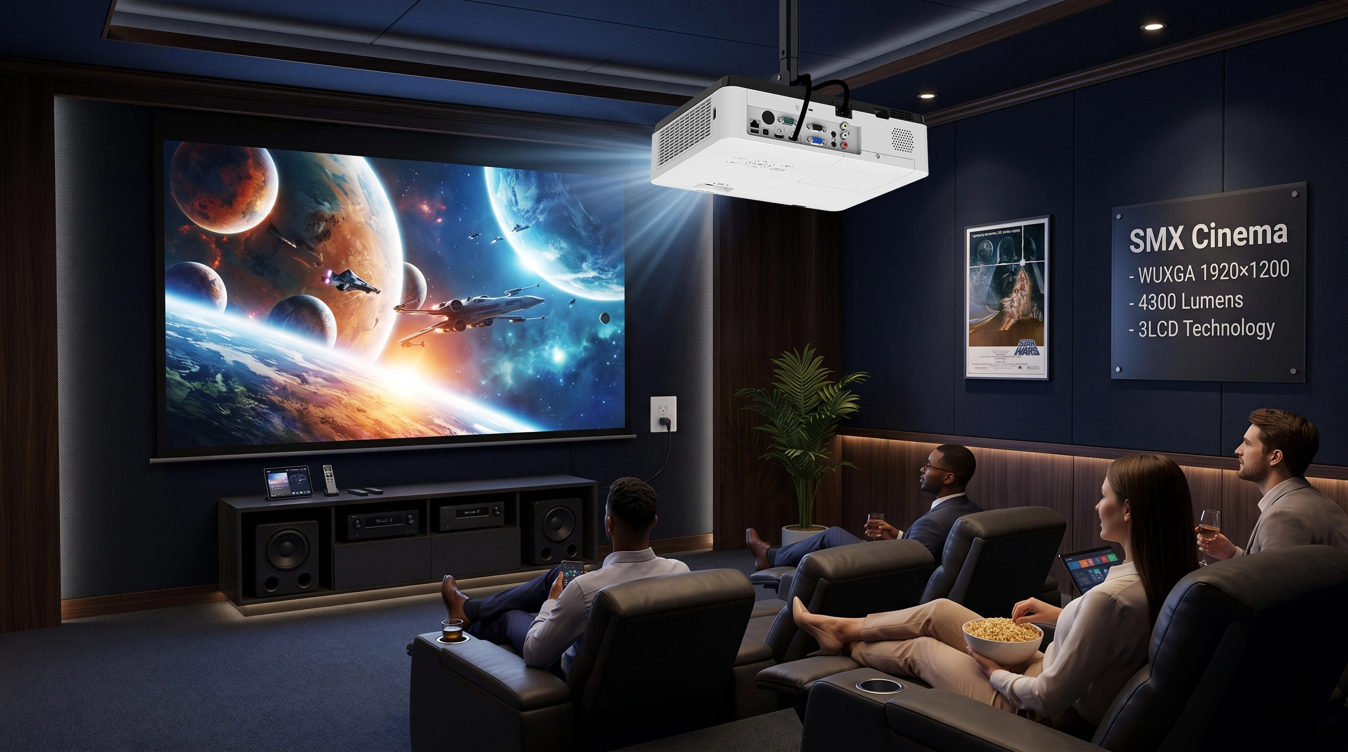 4300 lumens WUXGA home cinema projector.