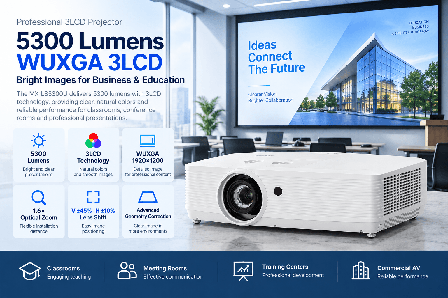 5300 lumen 3lcd meeting room projector WUXGA resolution