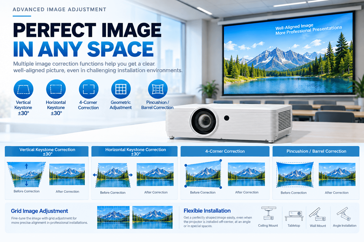 Conference room projector 6300 lumen keyston correction
